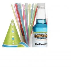 Hawaiian Shaved Ice Syrup 3 Pack with Accessories, Cherry, Grape, Blue Raspberry, 25 spoonstraws, 25 paper cups, 3 bottle pourers